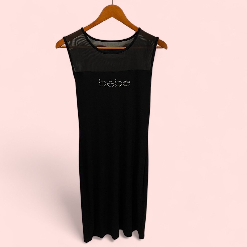 Bebe sexy mesh slinky bling crystal logo midi pull on dress NWT stretch baddie